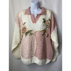 Vintage Women's Collared Chunky Knit Sweater Size Large Cottage Core Flowers Fun